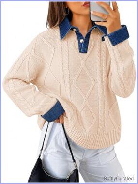 Womens Cable Knit Sweater Denim Polo Pullover Button Down Collar V Neck